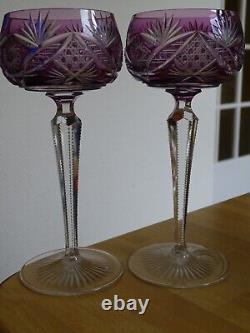 2 ANCIENS VERRES A VIN DU RHIN ROEMER CRISTAL DOUBLER COLORER AMETHYSTE ht 19,5