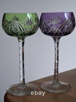 2 ANCIENS VERRES A VIN ROEMER CRISTAL DOUBLER COLORER VIOLET ET VERT 18 cm