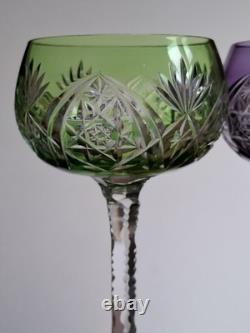 2 ANCIENS VERRES A VIN ROEMER CRISTAL DOUBLER COLORER VIOLET ET VERT 18 cm