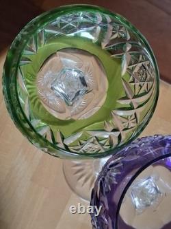 2 ANCIENS VERRES A VIN ROEMER CRISTAL DOUBLER COLORER VIOLET ET VERT 18 cm