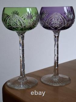 2 ANCIENS VERRES A VIN ROEMER CRISTAL DOUBLER COLORER VIOLET ET VERT 18 cm