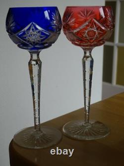 2 Anciens Verres A Vin Du Rhin Roemer Cristal Bonne Facture Style Vsl Bleu Rouge