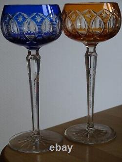 2 Anciens Verres Vin Couleur Roemer Cristal Tailler Doubler Colorer Bleu Orange