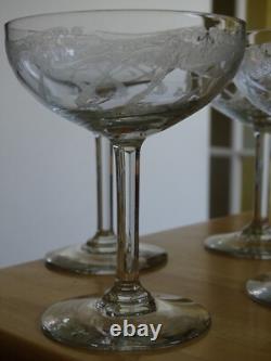 4 ANCIENNES COUPES A CHAMPAGNE CRISTAL GRAVURE ART NOUVEAU ht 12 cm