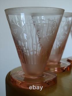 4 ANCIENS VERRES A APERITIF CRISTAL POISSON STYLISER ART DECO GRAVURE ACIDE 8 cm