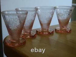 4 ANCIENS VERRES A APERITIF CRISTAL POISSON STYLISER ART DECO GRAVURE ACIDE 8 cm