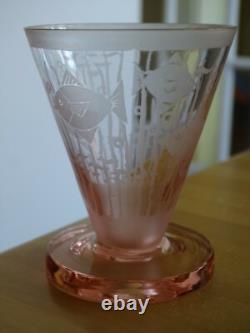 4 ANCIENS VERRES A APERITIF CRISTAL POISSON STYLISER ART DECO GRAVURE ACIDE 8 cm
