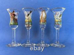 4 verres anciens à genever / schnaps 1900 décor émaillé Cigogne Moulin Voilier