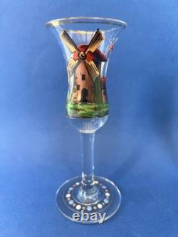 4 verres anciens à genever / schnaps 1900 décor émaillé Cigogne Moulin Voilier