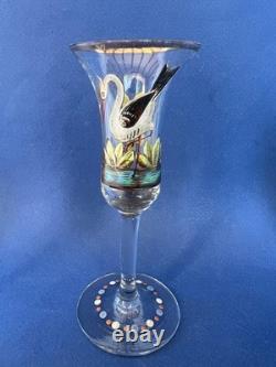 4 verres anciens à genever / schnaps 1900 décor émaillé Cigogne Moulin Voilier