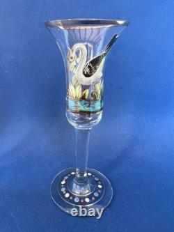 4 verres anciens à genever / schnaps 1900 décor émaillé Cigogne Moulin Voilier