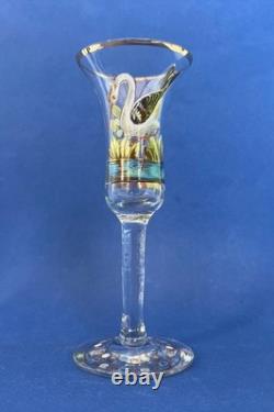 4 verres anciens à genever / schnaps 1900 décor émaillé Cigogne Moulin Voilier