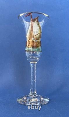 4 verres anciens à genever / schnaps 1900 décor émaillé Cigogne Moulin Voilier