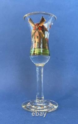 4 verres anciens à genever / schnaps 1900 décor émaillé Cigogne Moulin Voilier