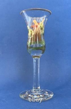 4 verres anciens à genever / schnaps 1900 décor émaillé Cigogne Moulin Voilier