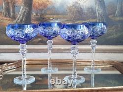 4 verres anciens calice bleu cobalt en cristal gravés
