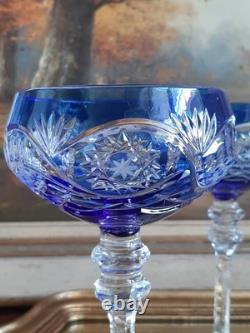 4 verres anciens calice bleu cobalt en cristal gravés