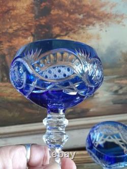 4 verres anciens calice bleu cobalt en cristal gravés