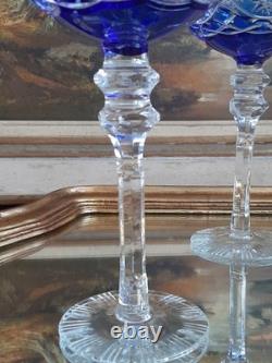 4 verres anciens calice bleu cobalt en cristal gravés