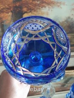 4 verres anciens calice bleu cobalt en cristal gravés