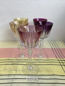 5 Anciens Verre A Pied Cristal Couleur Style Romer Non signé