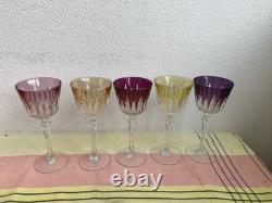 5 Anciens Verre A Pied Cristal Couleur Style Romer Non signé
