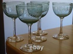 5 Anciens Verres A Vin Vaseline Glass Urane Cristal Art Nouveau Gravure
