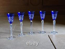 5 Verres Ancien Doublé Bleu Et Gravé H 18, 5 Cm