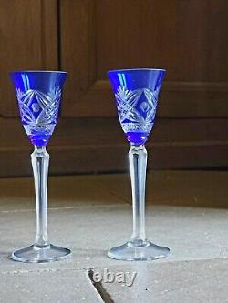 5 Verres Ancien Doublé Bleu Et Gravé H 18, 5 Cm