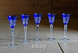 5 Verres Ancien Doublé Bleu Et Gravé H 18, 5 Cm