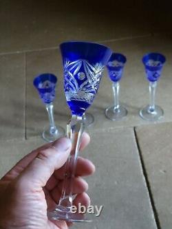 5 Verres Ancien Doublé Bleu Et Gravé H 18, 5 Cm