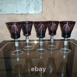 5 anciens verres à vin couleur Rubis taille Cristal de Bohème