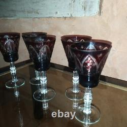 5 anciens verres à vin couleur Rubis taille Cristal de Bohème