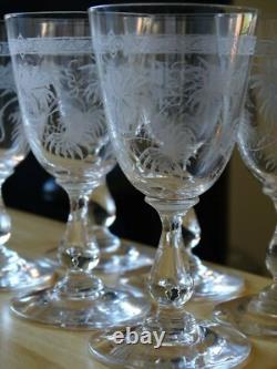 6 ANCIENS VERRES A VIN BLANC CRISTAL MODELE GRAVURE FLORALE ORIENTALISTE 11 cm