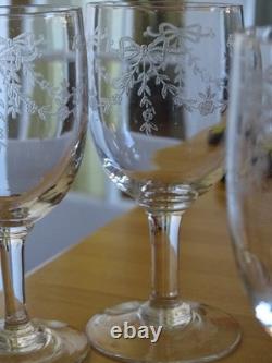 6 ANCIENS VERRES A VIN ROUGE DEMI CRISTAL GRAVURE RUBAN ht 12,3 cm EPOQUE 1920
