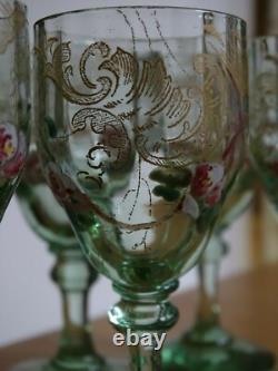 6 Anciens Verres A Liqueur Cristal Fleurs Emaille Art Nouveau Style Legras