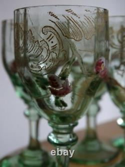 6 Anciens Verres A Liqueur Cristal Fleurs Emaille Art Nouveau Style Legras
