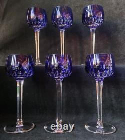 6 Anciens verres Roemer Vin cristal doublé de st Louis couleur Bleu Signé 18.5cm