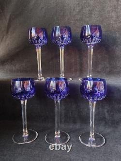 6 Anciens verres Roemer Vin cristal doublé de st Louis couleur Bleu Signé 18.5cm