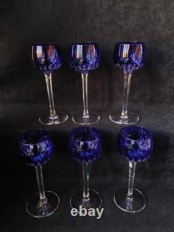 6 Anciens verres Roemer Vin cristal doublé de st Louis couleur Bleu Signé 18.5cm
