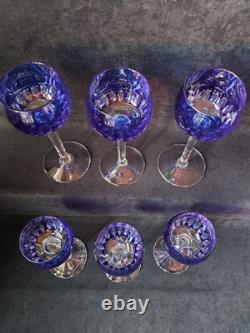6 Anciens verres Roemer Vin cristal doublé de st Louis couleur Bleu Signé 18.5cm
