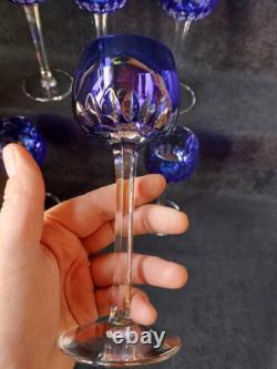 6 Anciens verres Roemer Vin cristal doublé de st Louis couleur Bleu Signé 18.5cm