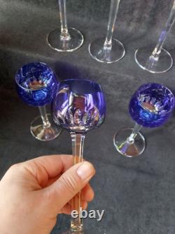 6 Anciens verres Roemer Vin cristal doublé de st Louis couleur Bleu Signé 18.5cm
