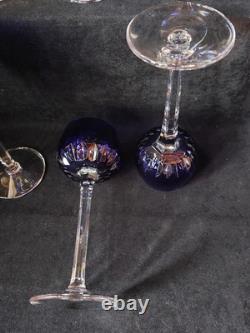 6 Anciens verres Roemer Vin cristal doublé de st Louis couleur Bleu Signé 18.5cm