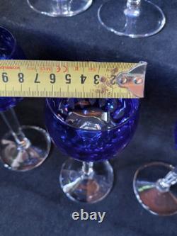 6 Anciens verres Roemer Vin cristal doublé de st Louis couleur Bleu Signé 18.5cm