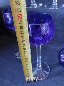 6 Anciens verres Roemer Vin cristal doublé de st Louis couleur Bleu Signé 18.5cm