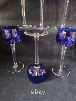 6 Anciens verres Roemer Vin cristal doublé de st Louis couleur Bleu Signé 18.5cm