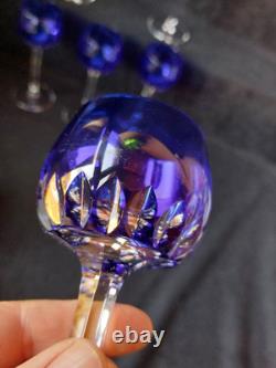 6 Anciens verres Roemer Vin cristal doublé de st Louis couleur Bleu Signé 18.5cm