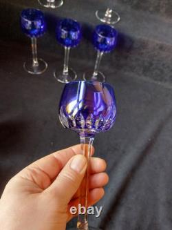 6 Anciens verres Roemer Vin cristal doublé de st Louis couleur Bleu Signé 18.5cm