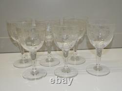 6 VERRES à pieds CRISTAL Gravé Feuilles & Fleurs VERRES ANCIENS ART NOUVEAU